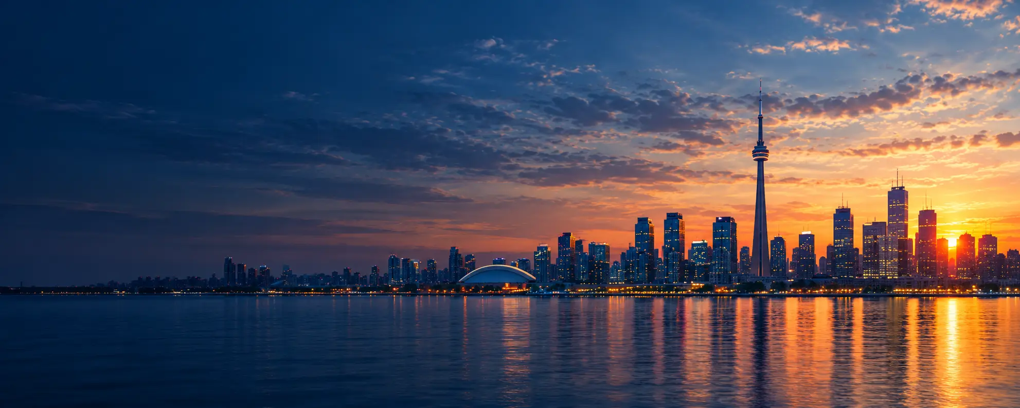 Toronto skyline across the water at sunset
