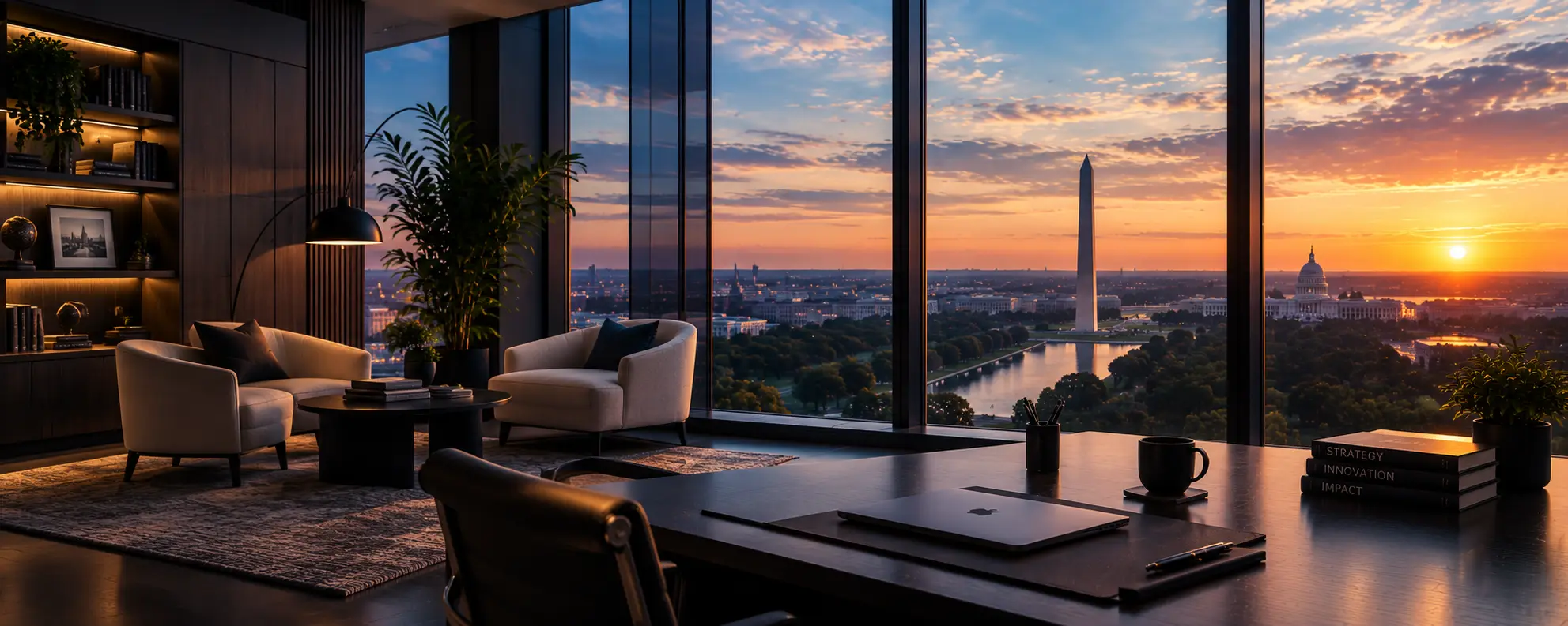 Executive office overlooking Washington, D.C. at sunset