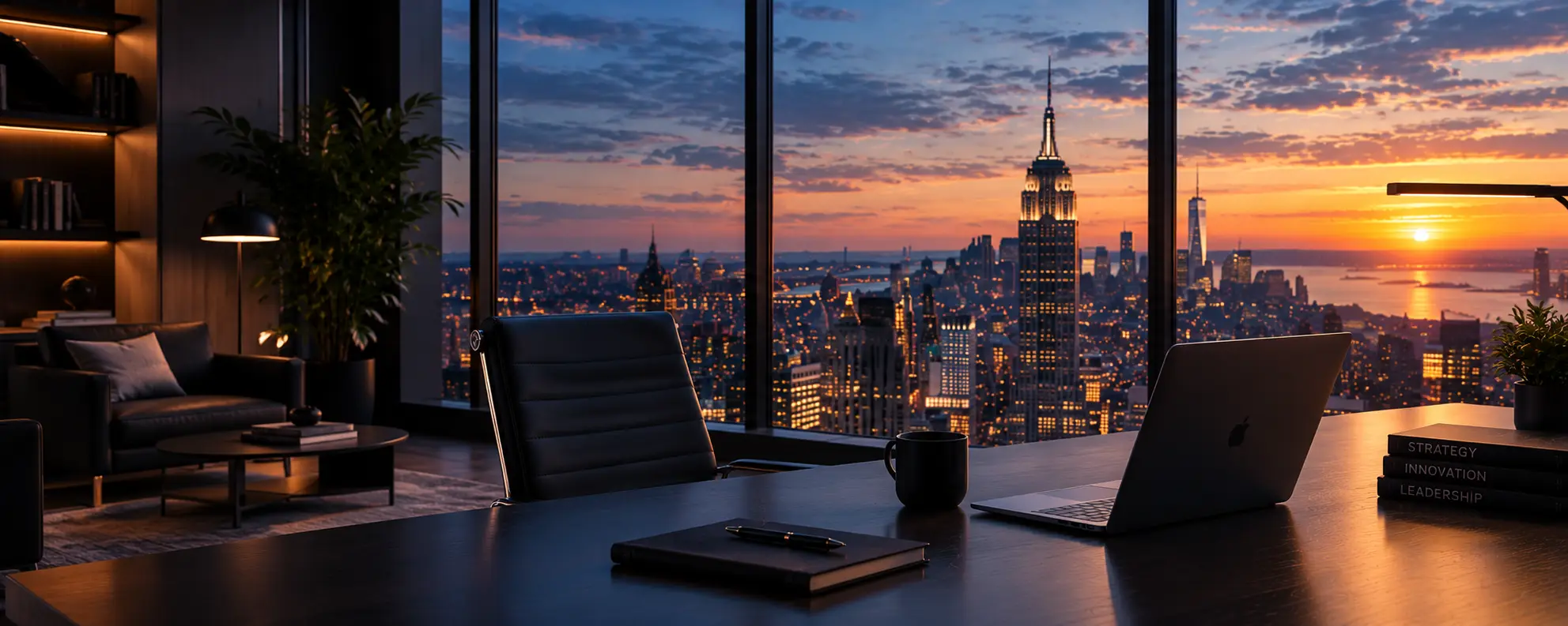 Executive office overlooking the New York City skyline at sunset
